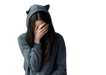 Sad Woman Covering Face in Gray Hoodie