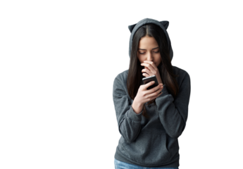 Woman in Cat Ear Hoodie Looking at Phone