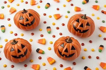Four carved halloween pumpkins surrounded by candy corn and small candies