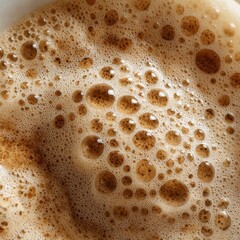 Eye-catching photo of coffee foam texture background, creamy coffee foam, rich, frothy surface, freshly brewed cup of hot latte. Espresso. Top view of cappuccino milk foam closeup.