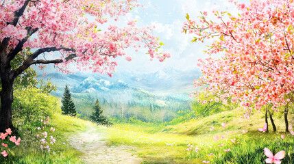 A serene, picturesque landscape featuring a path leading through a lush, blooming cherry blossom tree, with a mountain range in the distance and a butterfly flying nearby.