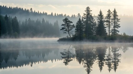 Obraz premium Serene morning lake scene featuring fog, evergreen trees, and their mirror-like reflections in the calm, still water.