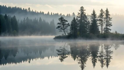Plexiglas schilderij Mistig bos Serene morning lake scene featuring fog, evergreen trees, and their mirror-like reflections in the calm, still water.  © CreativeEarth