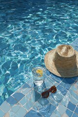 Poolside drink and straw hat