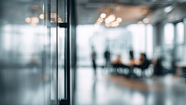 Blurred view of an open-plan office space through glass