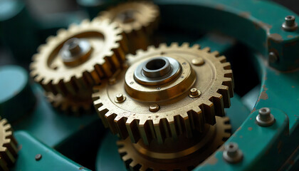 Intricate teal and gold gears interlock, creating a complex mechanical design, Symbolizing Precision, Teamwork, and Technology, created with generative ai