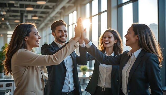 Diverse Business Team Celebrating with a High-Five in a Modern Office | Teamwork and Success - Powered by Adobe