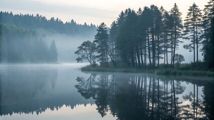 Serene Reflections: Tranquil Lake Scene with Misty Forest Landscape and Mirror-Like Water Surface Revealing the Beauty of Nature.