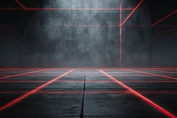 Dark concrete space with red laser lines