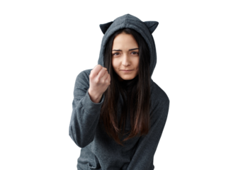 Woman in Cat Ear Hoodie Expressing Confidence