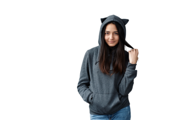 Woman in Cat Ear Hoodie on Transparent Background