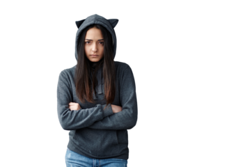 Woman in Cat Ear Hoodie with Moody Expression