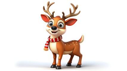 Obraz premium Cute cartoon reindeer with antlers and a red and white striped scarf, isolated on white background for christmas