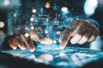 Close-up of hands typing on a tablet, overlayed with digital data