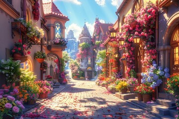 Obraz premium Charming cobblestone street adorned with vibrant flowers in a picturesque village on a sunny day