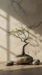 Minimalist Zen Stone and Leaf Still Life on Wooden Platform with Soft Natural Shadows
