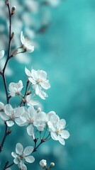 Blossoming Plum Branch Against Teal Backdrop Close Up Springtime Serenity Floral Still Life Freshness Beauty Nature Inspired Calmness Peacefulness Tranquility