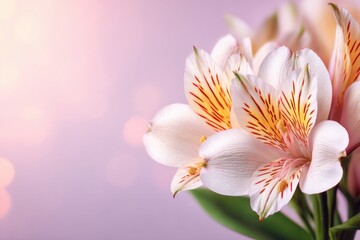 Fototapeta premium Close up of Alstroemeria Flower Blossoms in Soft Light on Lavender Background for Floral Design and Decoration