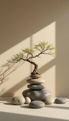 Minimalist Zen Stone and Leaf Still Life on Wooden Platform with Soft Natural Shadows