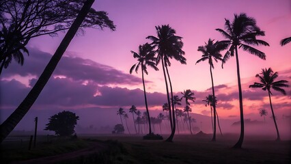 Tropical tranquility: serene scene of palm trees bathed in a dreamy pink and purple hazy sunset landscape.