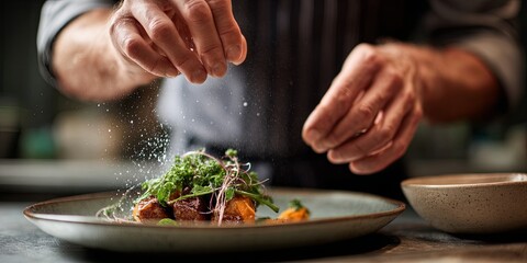 Chef garnishing a gourmet dish with herbs and spices in a modern kitchen setting, showcasing culinary artistry and attention to detail for food presentation