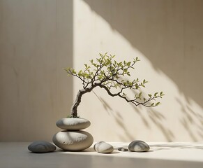 Minimalist Zen Stone and Leaf Still Life on Wooden Platform with Soft Natural Shadows