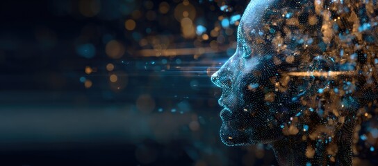 Digital profile of a head, rendered in translucent blue particles, set against a dark background of shimmering, out-of-focus light effects