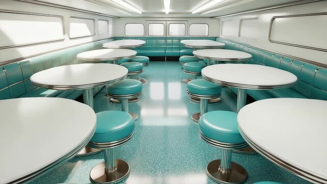 Retro style diner interior with turquoise seating and round white tables arranged in neat rows under bright vintage lighting