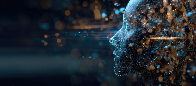 Digital profile of a head, rendered in translucent blue particles, set against a dark background of shimmering, out-of-focus light effects