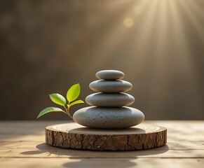 Minimalist Zen Stone and Leaf Still Life on Wooden Platform with Soft Natural Shadows