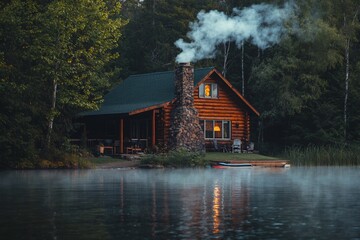 Fototapeta premium Cozy Log Cabin Lakeside Retreat Peaceful Evening Smoke from Chimney Serene Nature Escape Waterfront Home Forest View