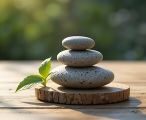 Minimalist Zen Stone and Leaf Still Life on Wooden Platform with Soft Natural Shadows
