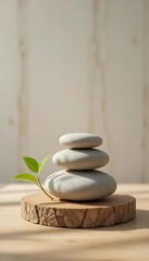Minimalist Zen Stone and Leaf Still Life on Wooden Platform with Soft Natural Shadows