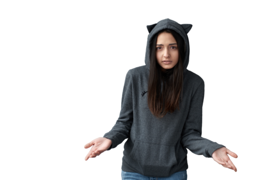 Confused Young Woman in Cat Ear Hoodie Shrugging