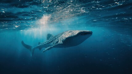 Fototapeta premium Whale shark swimming underwater in blue ocean with sun rays shining through the surface majestic gentle giant marine wildlife