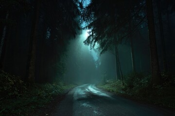 Obraz premium Misty forest road at night