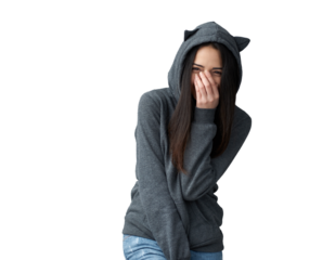 Woman in Gray Cat Ear Hoodie Laughing