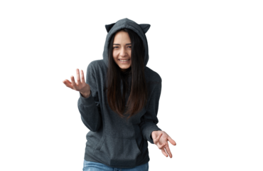 Woman in Cat Hoodie Expressing Playful Confusion