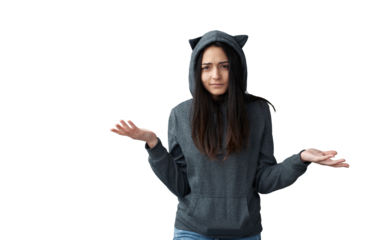 Confused Woman Shrugging in Cat Ear Hoodie