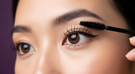 Naklejka premium Close up of a young woman applying dark black mascara to her eyelashes with a black wand creating a flawless natural look for a beauty photoshoot