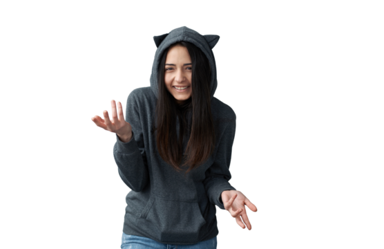 Woman in Cat Hoodie Expressing Playful Confusion