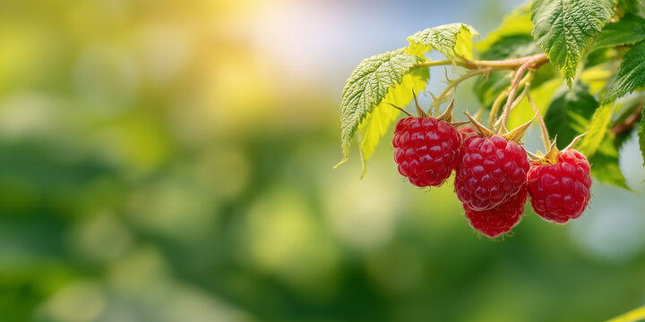 Fresh and juicy raspberries hanging from a branch with vibrant green leaves. The image captures the essence of a fruitful season