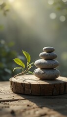 Minimalist Zen Stone and Leaf Still Life on Wooden Platform with Soft Natural Shadows