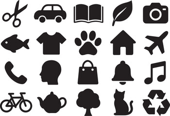 Silhouette icons pack including car, book, leaf, paw print, house, bell, head, cat, bag, tree, and t-shirt. Ideal for logo design, UI, infographics, and creative graphic projects.