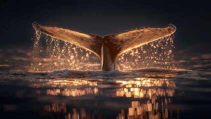 Whale tail surfacing at sunset