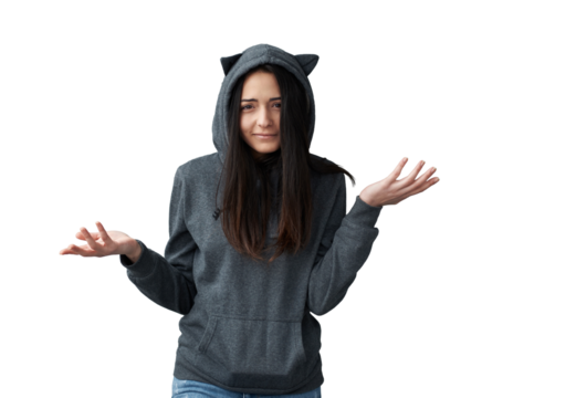 Confused Woman in Cat Ear Hoodie Shrugging