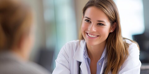 Obraz premium Friendly healthcare professional engages with patient in modern clinic setting, showcasing empathy and trust in a caring environment