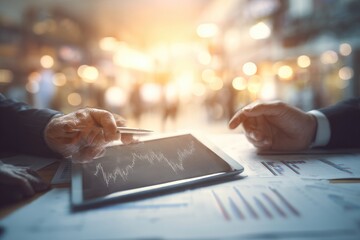 Two businesspeople review financial data on a tablet