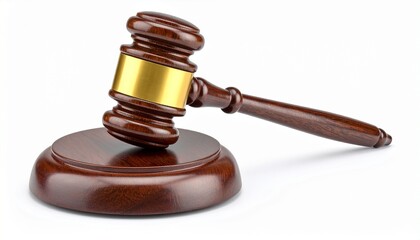 Wooden gavel with gold band on sound block, symbol of justice and authority, minimal composition