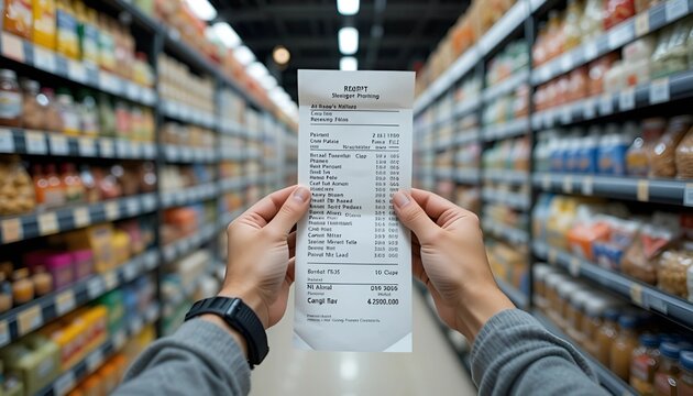 Person Holding Long Store Receipt in Supermarket Aisle | Budgeting and Shopping Concept